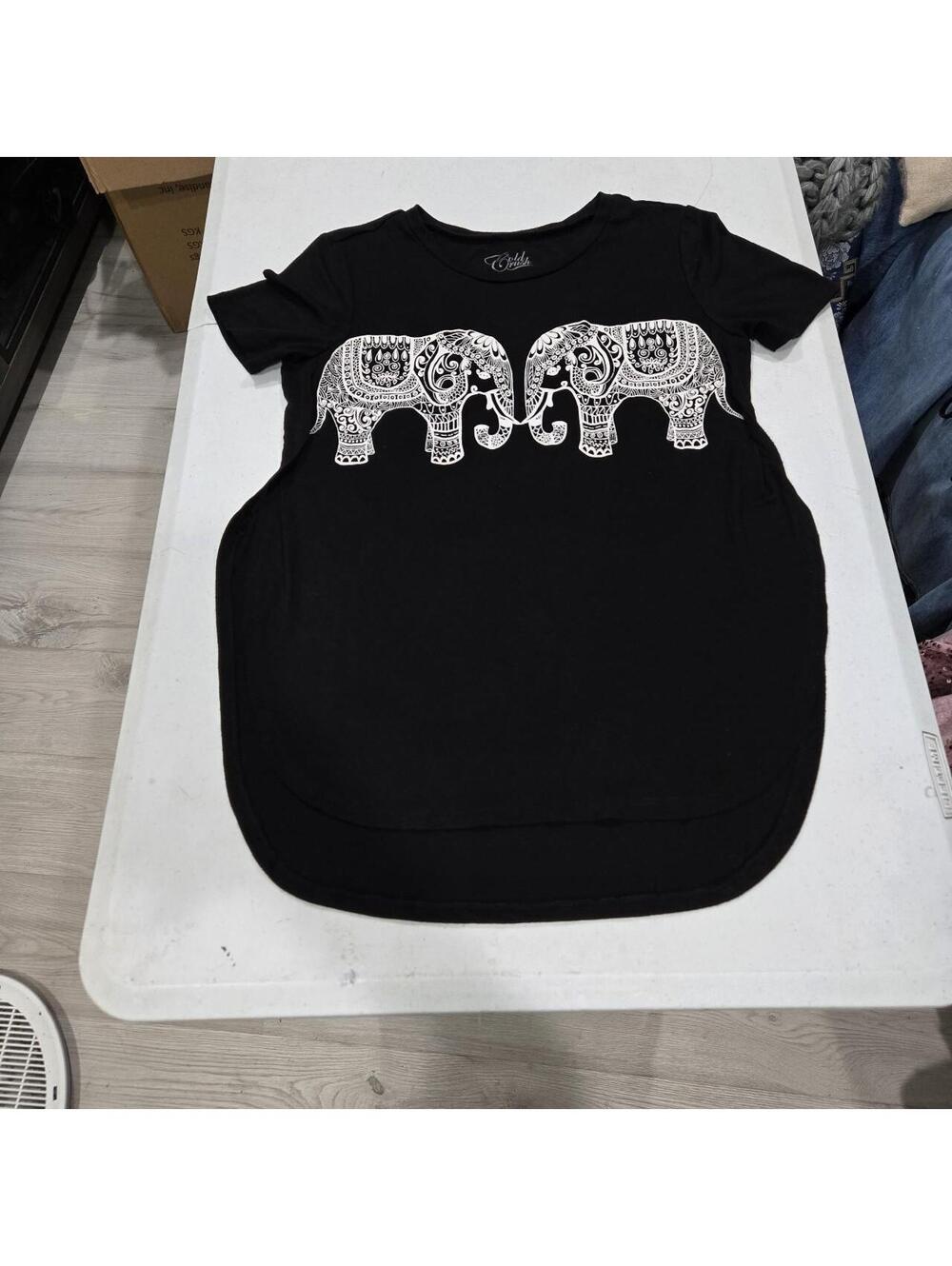 -Black Cold Crush baby doll top with white elephant design